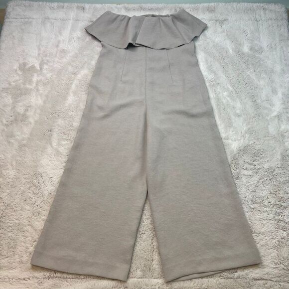 Babaton Romper Size 4 Nude Cropped Off Shoulder Wide Leg Sleeveless Romper Ruffl - Picture 15 of 16